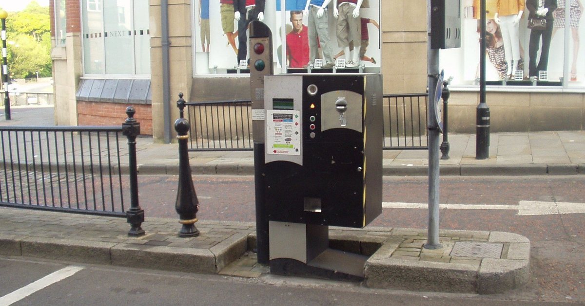 An unattended pay booth at the exit of the former congestion charging zone in Durham, England.