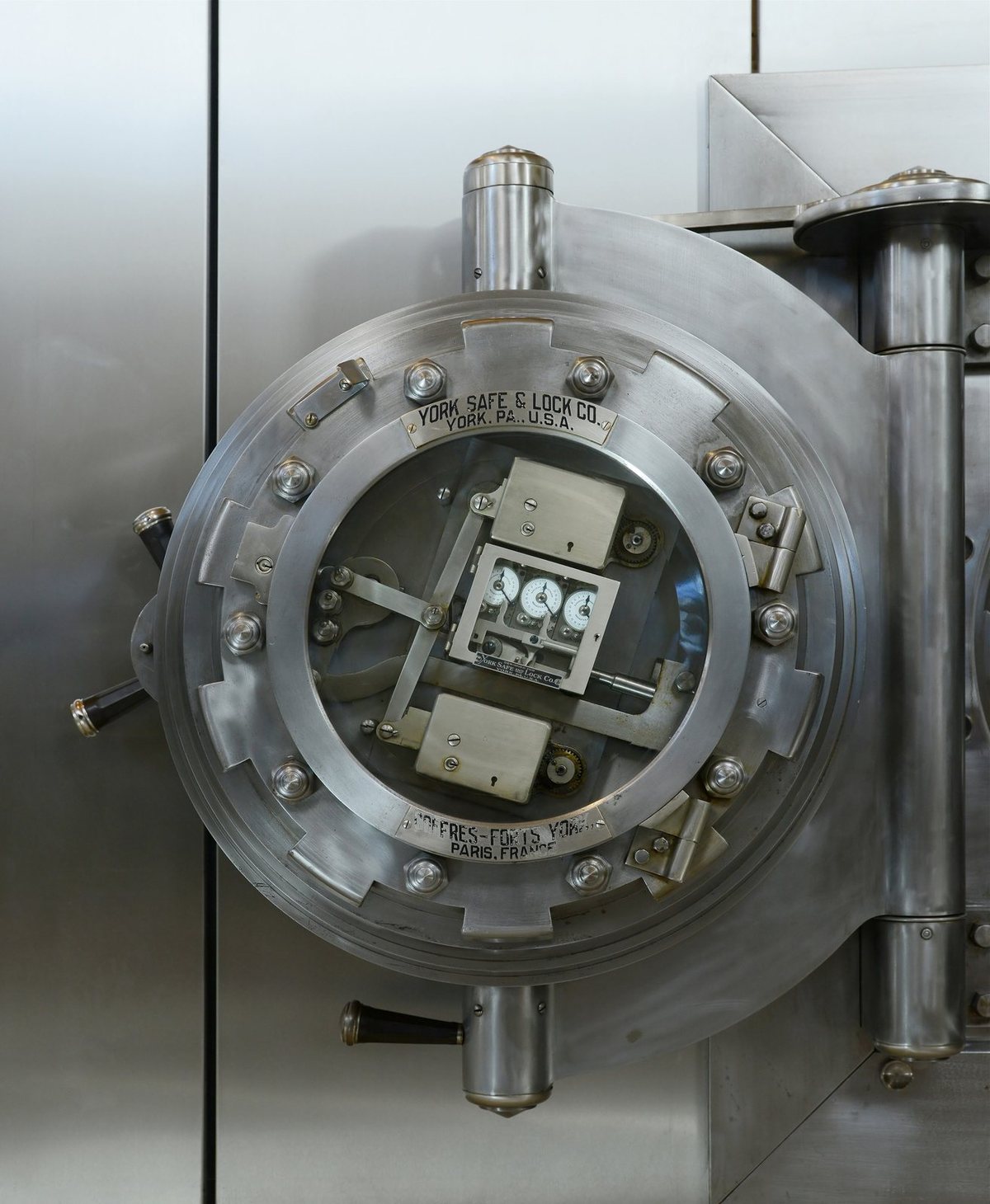 The bolt mechanism of a bank safe door, exhibited at the Museum of the Bank of Portugal in Lisbon.