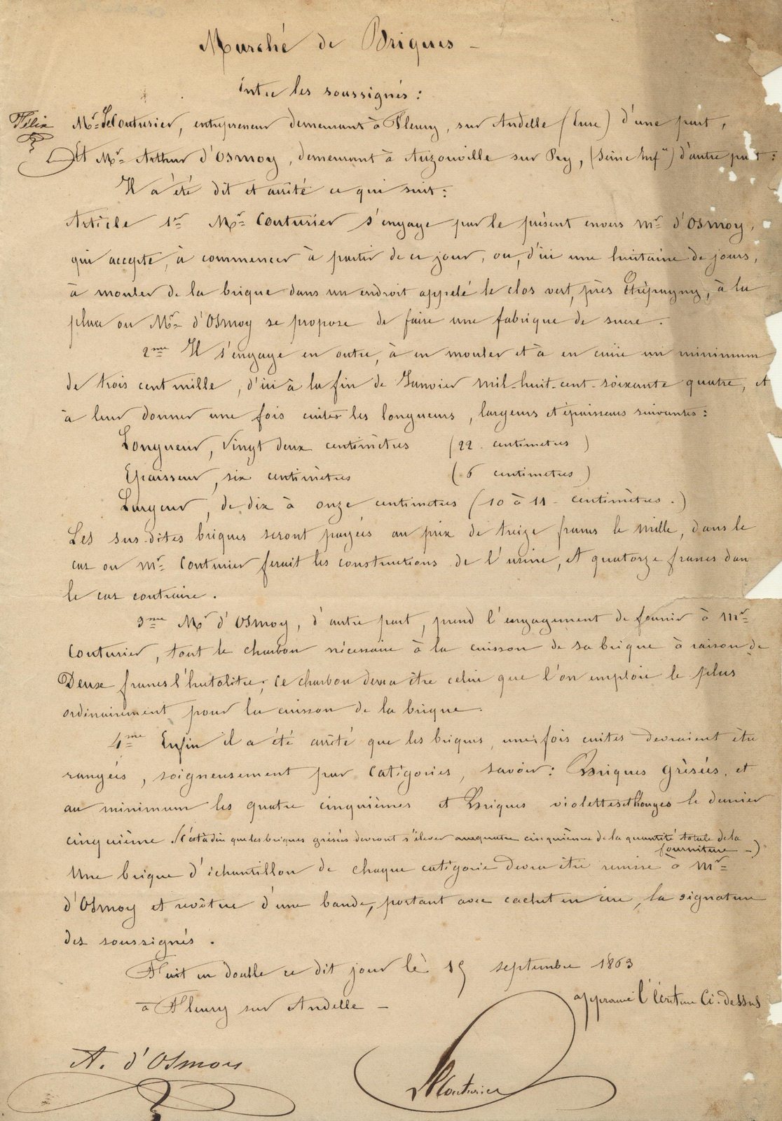 A handwritten estimate for a delivery of bricks, drawn up in France in 1863 and signed at the foot of the page.